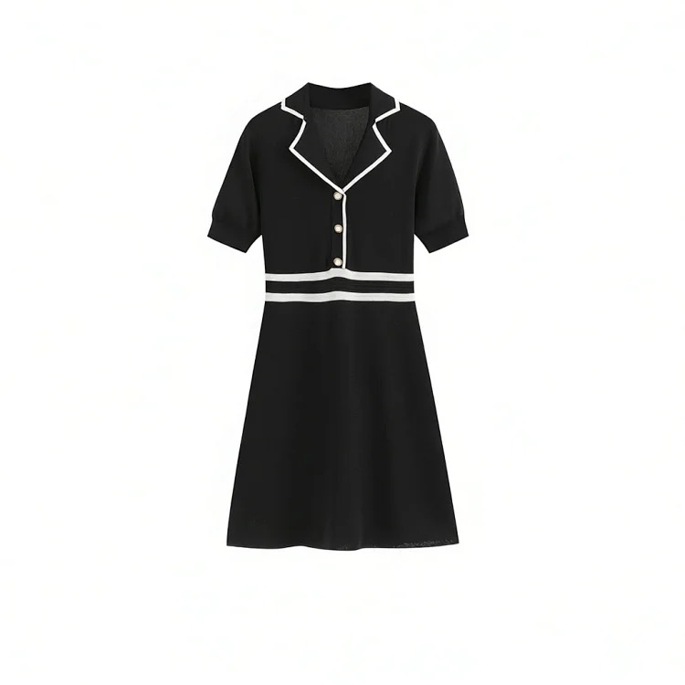 [OG] Global Shopping Summer Ice Silk Knitted Dress Women's French Style Socialite Small Fragrance Style Waist Slimming Short Sleeve A-Line Little Black Dress