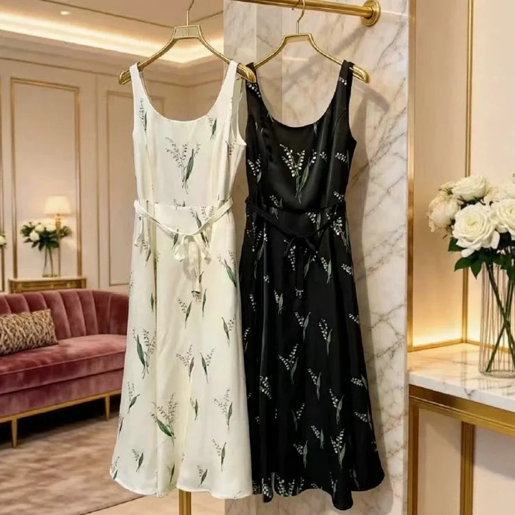 [OG] Global Shopping Private high-end customized women's summer new French retro lily of the valley print suspender skirt women's waist slimming long skirt satin high-end dress