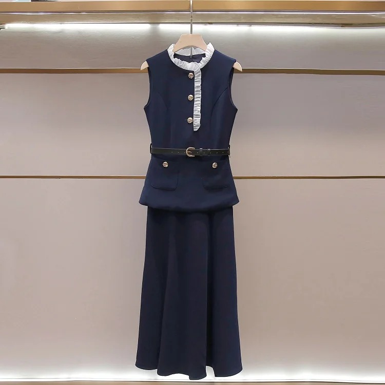 SP's new summer style French daughter-in-law style pleated stand-up collar vest fake two-piece long waist dress for women