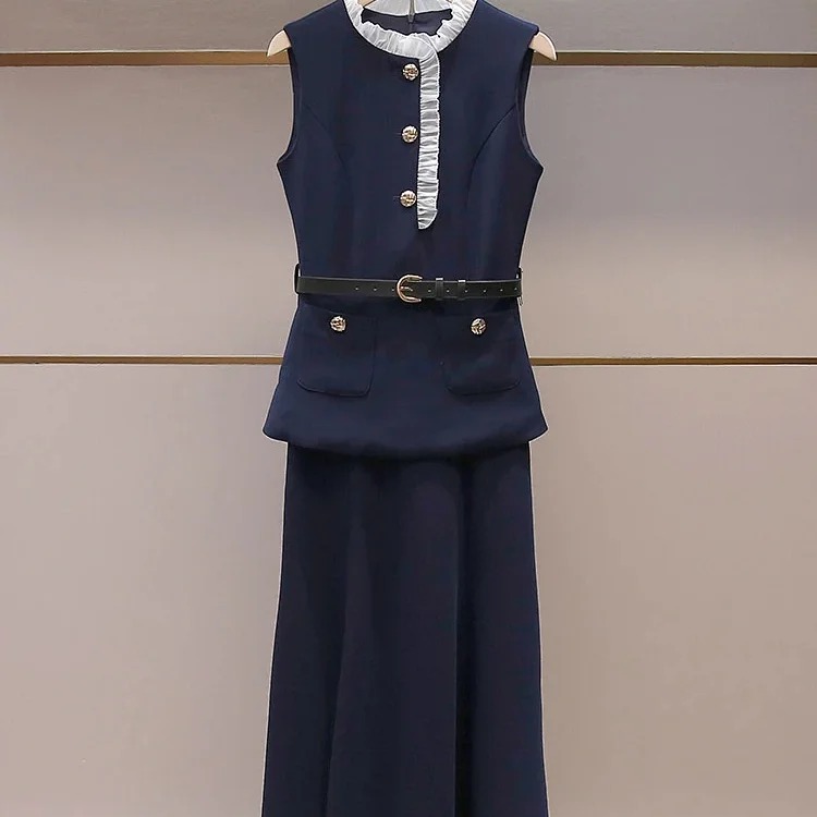 SP's new summer style French daughter-in-law style pleated stand-up collar vest fake two-piece long waist dress for women