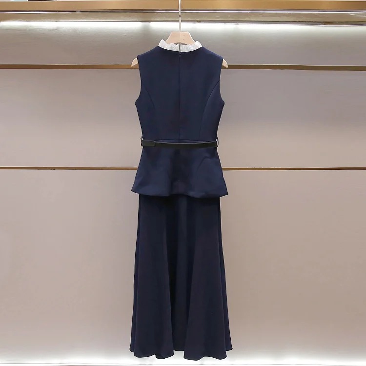SP's new summer style French daughter-in-law style pleated stand-up collar vest fake two-piece long waist dress for women