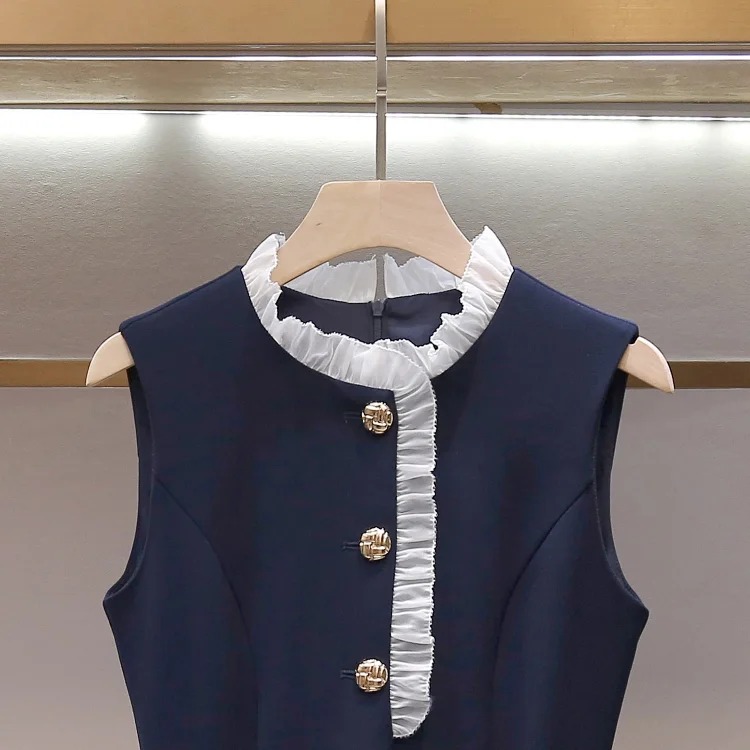 SP's new summer style French daughter-in-law style pleated stand-up collar vest fake two-piece long waist dress for women