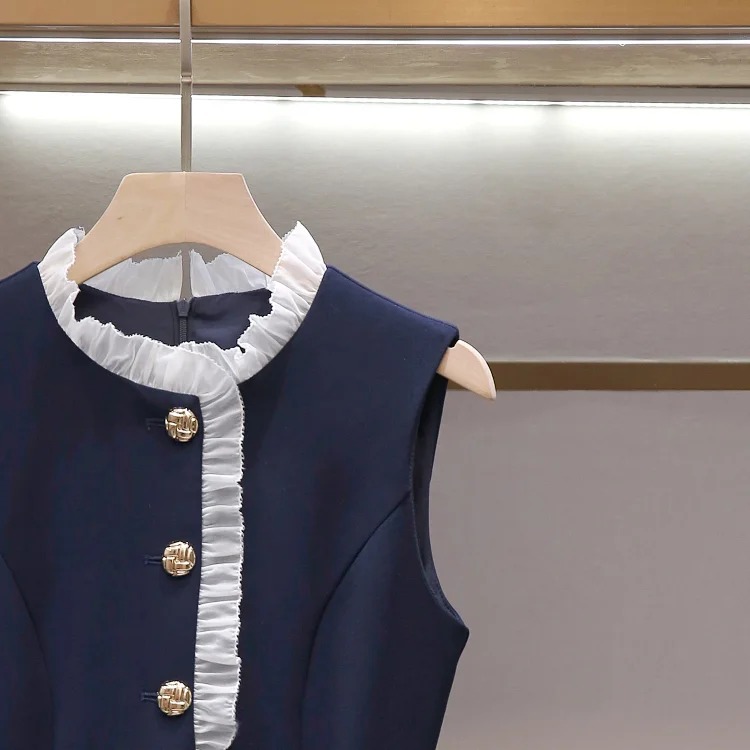 SP's new summer style French daughter-in-law style pleated stand-up collar vest fake two-piece long waist dress for women