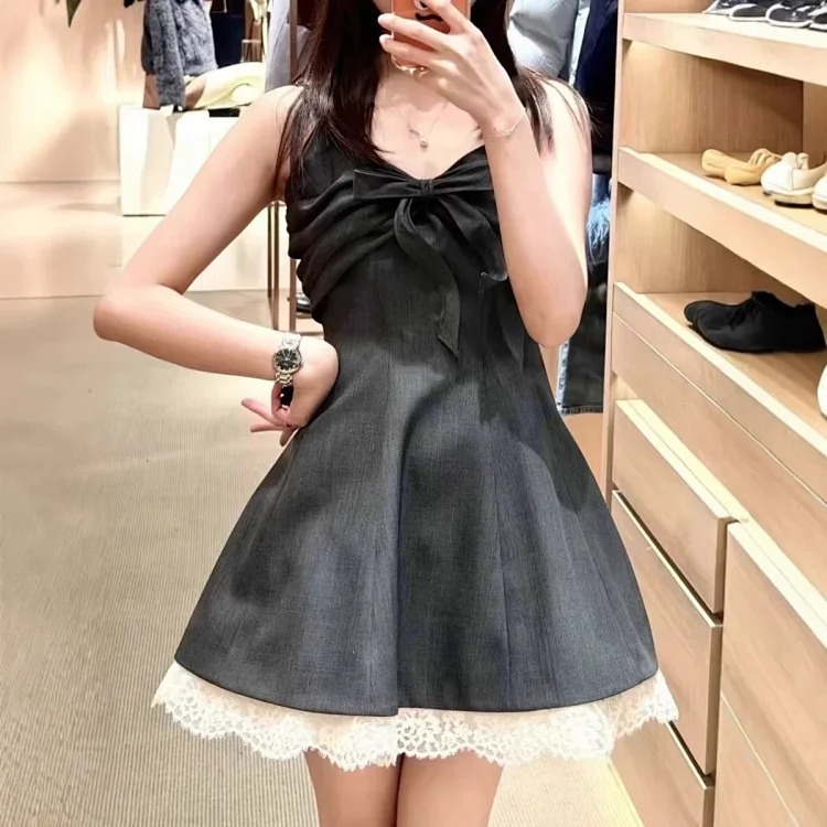 Summer new arrival princess dress French palace style sleeveless dress for women sweet and spicy lace mesh splicing bow suspender dress