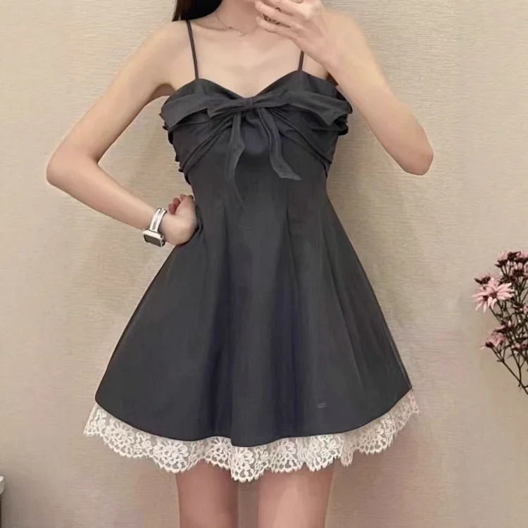 Summer new arrival princess dress French palace style sleeveless dress for women sweet and spicy lace mesh splicing bow suspender dress