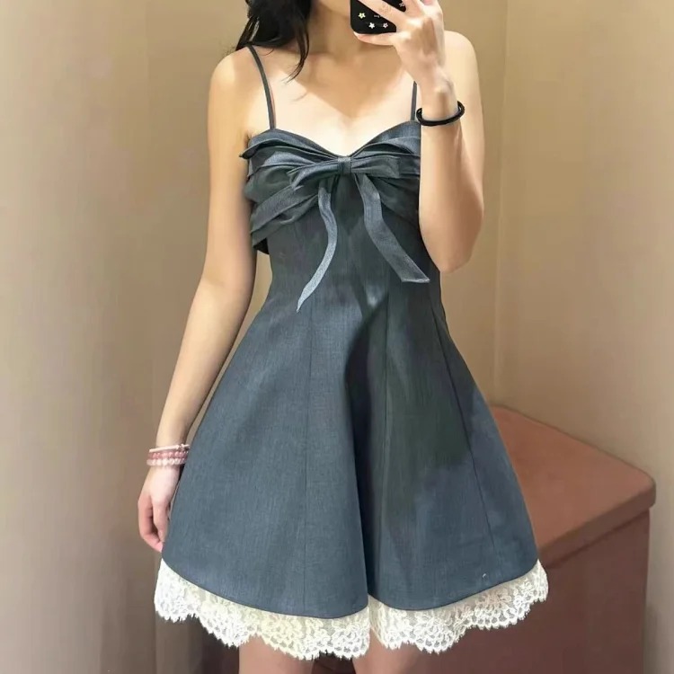 Summer new arrival princess dress French palace style sleeveless dress for women sweet and spicy lace mesh splicing bow suspender dress