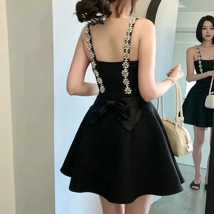 [OG] Global Shopping Private high-end customized summer new style French heavy industry rhinestone suspender dress women's summer high-end backless bow tie waist slimming lady dress dress