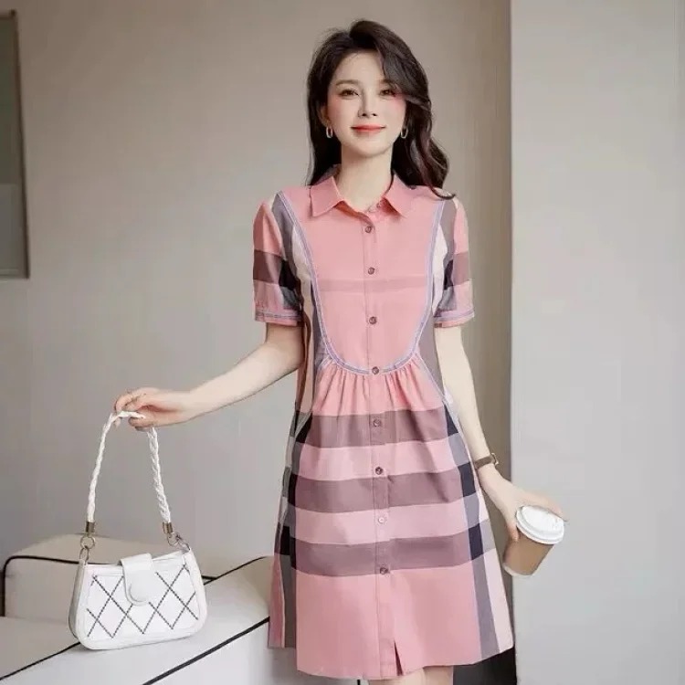 Burberry light luxury counter authentic summer new women's British style high-end plaid shirt short-sleeved slim dress trendy