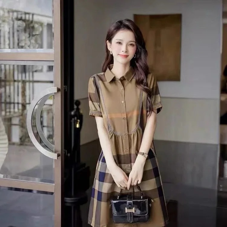 Burberry light luxury counter authentic summer new women's British style high-end plaid shirt short-sleeved slim dress trendy