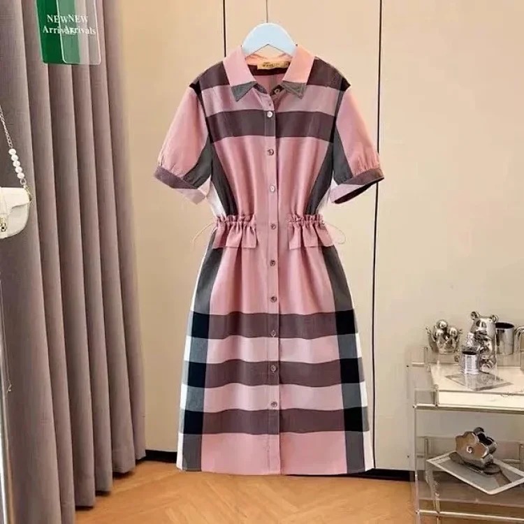 Burberry light luxury authentic 2026 summer new women's British style high-end skirt lapel plaid short-sleeved slim dress trendy
