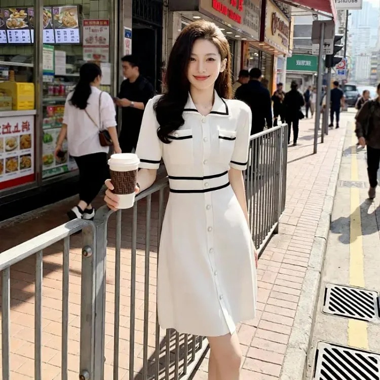 Summer new temperament white lapel short-sleeved slim high-waisted A-line skirt small fragrant ice silk knitted dress for women