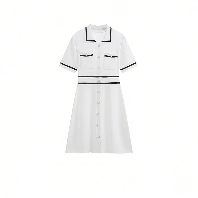 Summer new temperament white lapel short-sleeved slim high-waisted A-line skirt small fragrant ice silk knitted dress for women