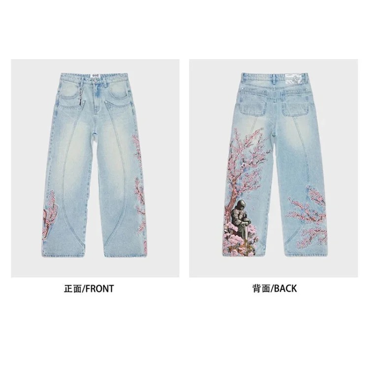 Vescartes Plum Blossom Embroidered Jeans 2025 New Straight Leg Loose Men and Women Blossom Knight Embroidered Pants