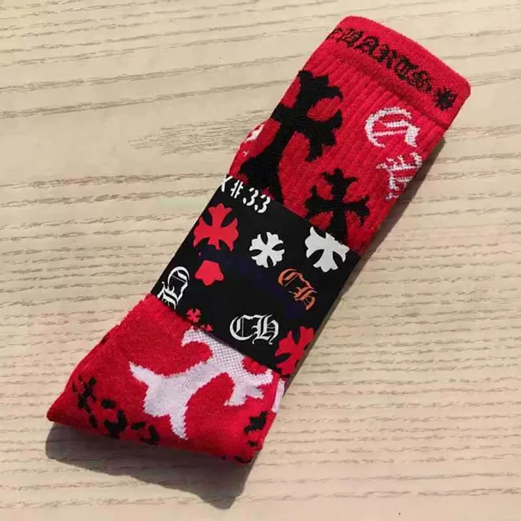 Chrome Hearts socks striped letters red lips graffiti embroidered logo towel bottom sports trendy socks