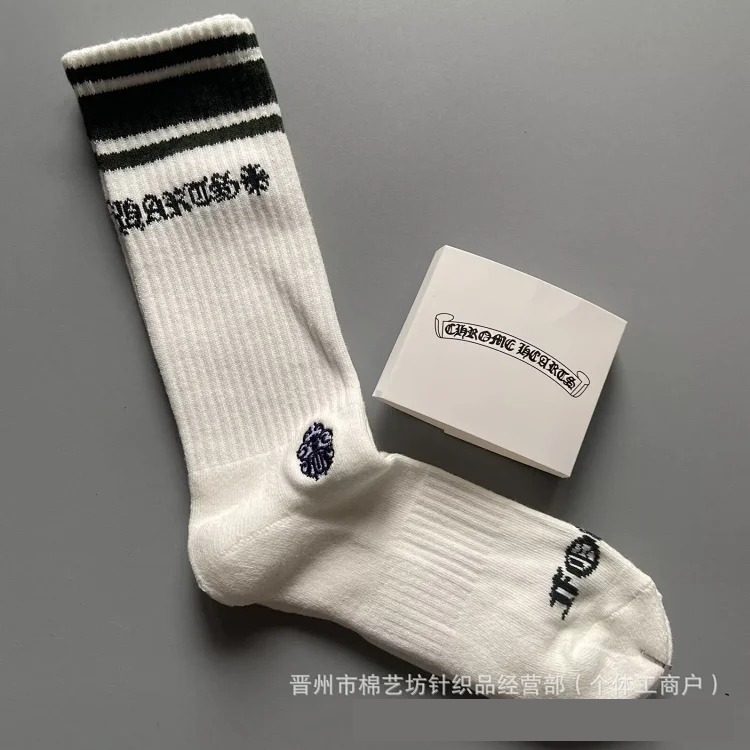 Chrome Hearts socks striped letters red lips graffiti embroidered logo towel bottom sports trendy socks
