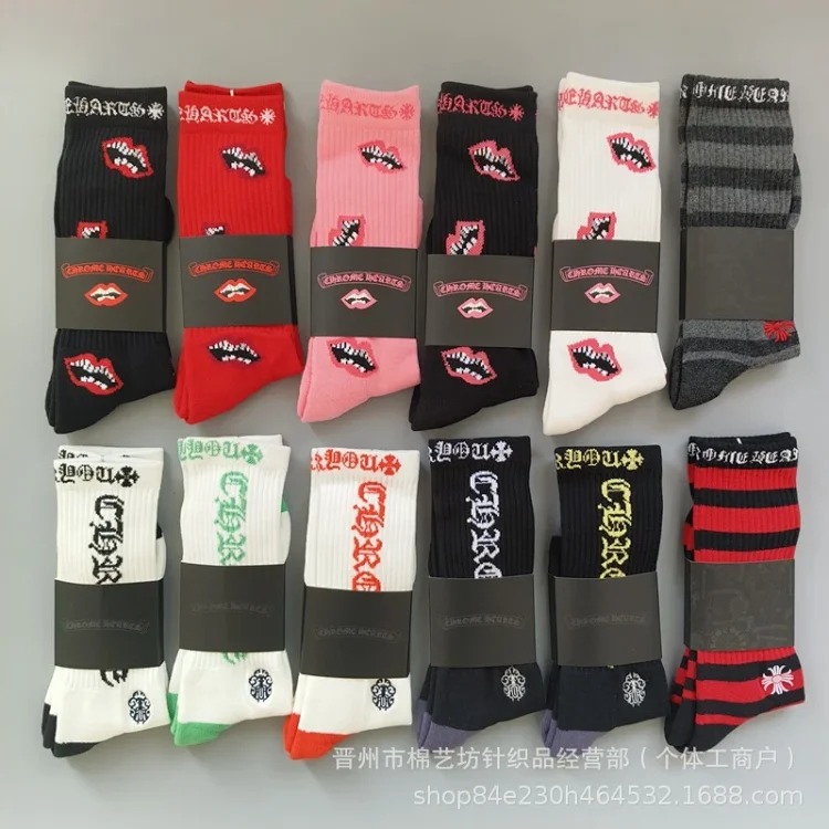 Chrome Hearts socks striped letters red lips graffiti embroidered logo towel bottom sports trendy socks