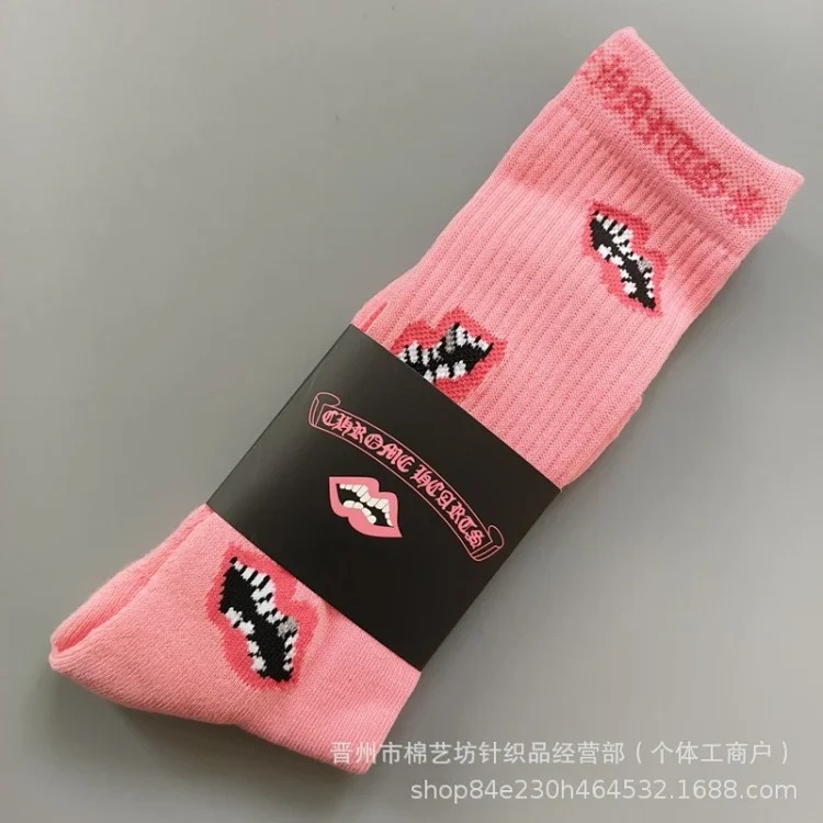 Chrome Hearts socks striped letters red lips graffiti embroidered logo towel bottom sports trendy socks