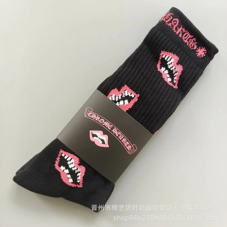 Chrome Hearts socks striped letters red lips graffiti embroidered logo towel bottom sports trendy socks