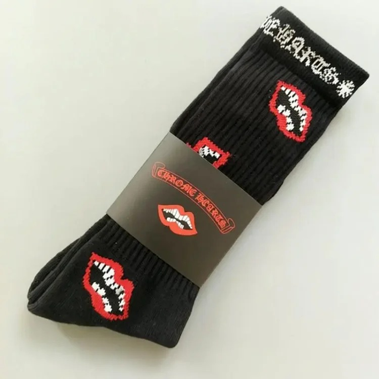 Chrome Hearts socks striped letters red lips graffiti embroidered logo towel bottom sports trendy socks