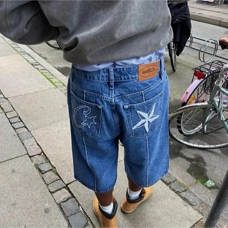 Corteiz Alcatraz jeans star embroidered jacket high street retro distressed shorts five-quarter pants trendy