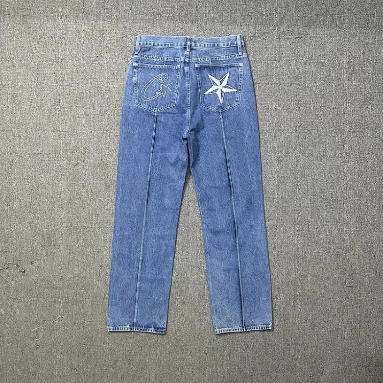Corteiz Alcatraz jeans star embroidered jacket high street retro distressed shorts five-quarter pants trendy
