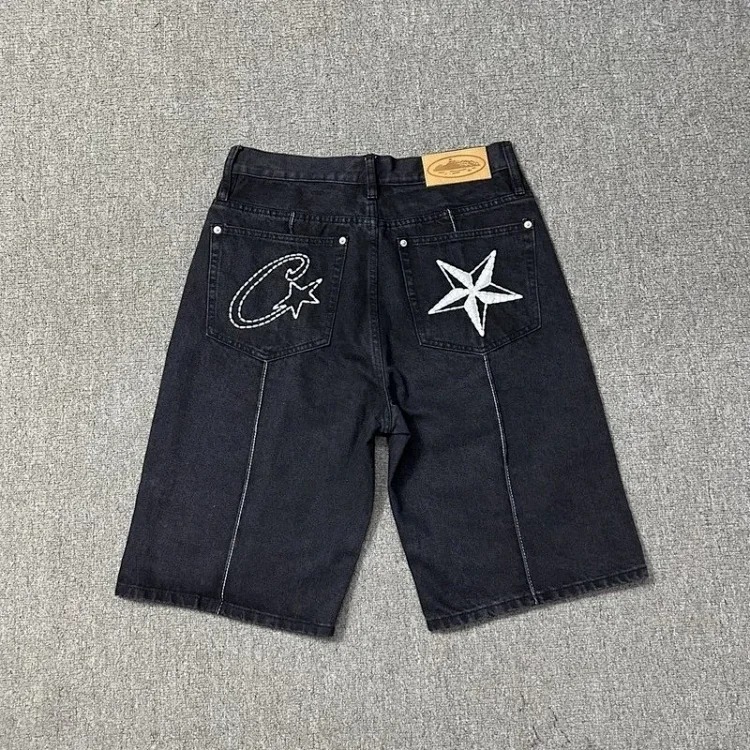 Corteiz Alcatraz jeans star embroidered jacket high street retro distressed shorts five-quarter pants trendy