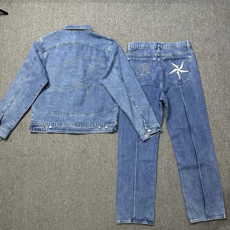 Corteiz Alcatraz Denim Suit High Street Western Denim Jacket Coat Loose Jeans Trendy Brand-XW-1