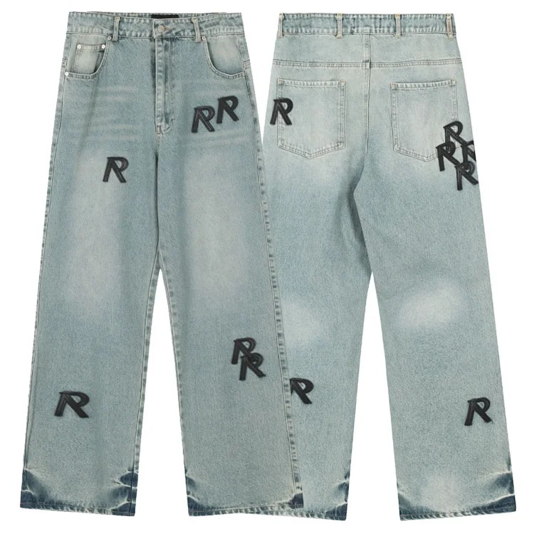 European and American trendy brand REPRESEN letter R patched leather straight casual denim trousers for men and women high street jeans