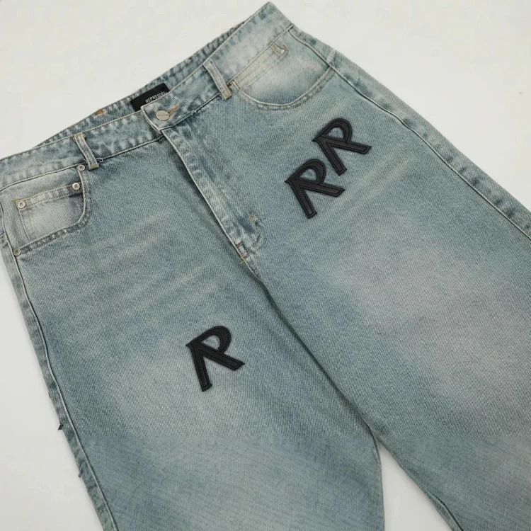 European and American trendy brand REPRESEN letter R patched leather straight casual denim trousers for men and women high street jeans
