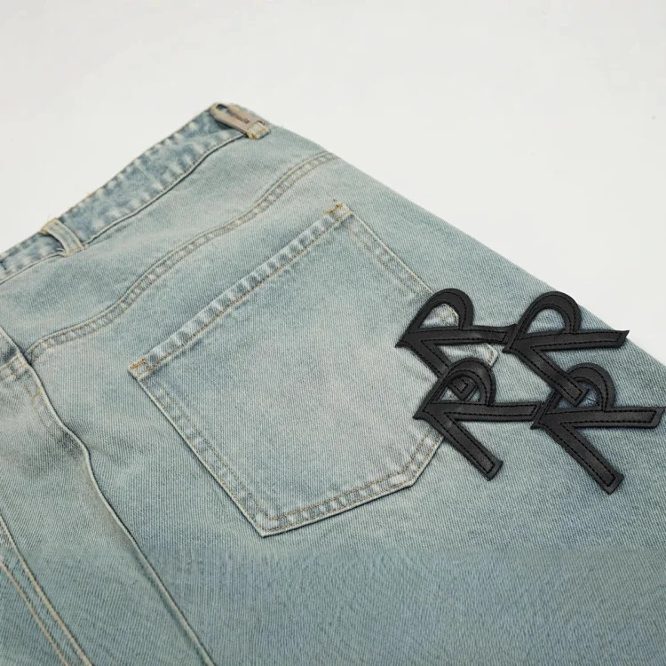 European and American trendy brand REPRESEN letter R patched leather straight casual denim trousers for men and women high street jeans