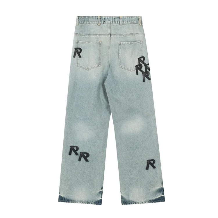 European and American trendy brand REPRESEN letter R patched leather straight casual denim trousers for men and women high street jeans