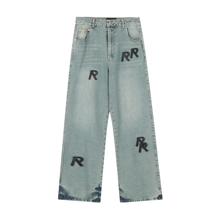 European and American trendy brand REPRESEN letter R patched leather straight casual denim trousers for men and women high street jeans