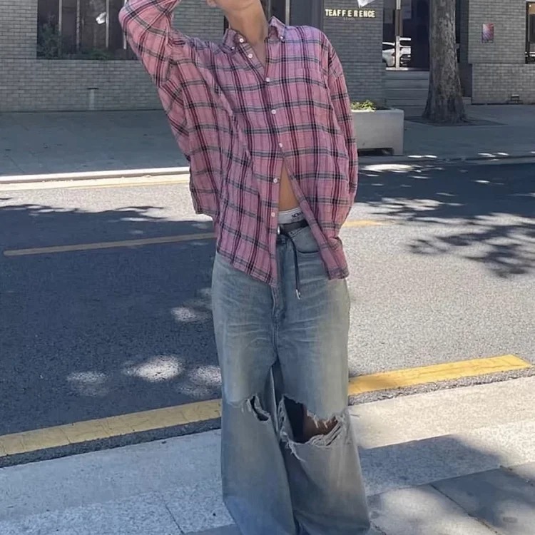 In stock OurLegacy pink plaid lazy style shirt pleated casual loose versatile shirt Quan Shunrong same style free shipping