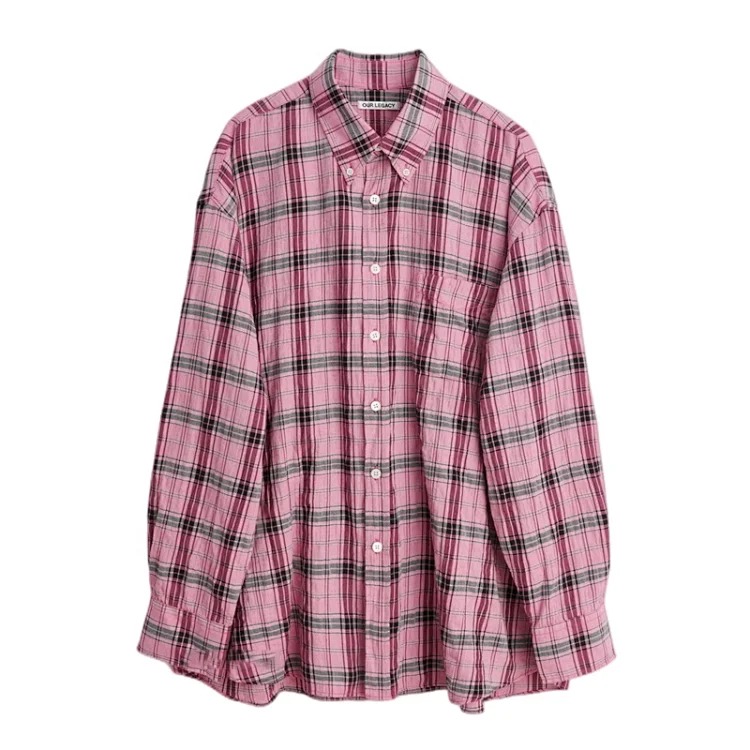 In stock OurLegacy pink plaid lazy style shirt pleated casual loose versatile shirt Quan Shunrong same style free shipping