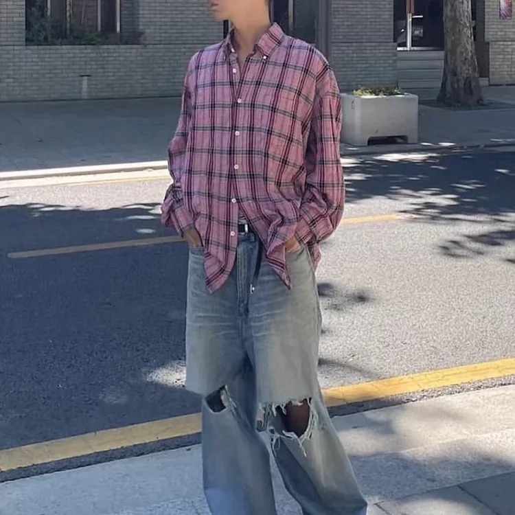 In stock OurLegacy pink plaid lazy style shirt pleated casual loose versatile shirt Quan Shunrong same style free shipping