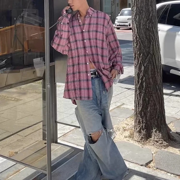 In stock OurLegacy pink plaid lazy style shirt pleated casual loose versatile shirt Quan Shunrong same style free shipping