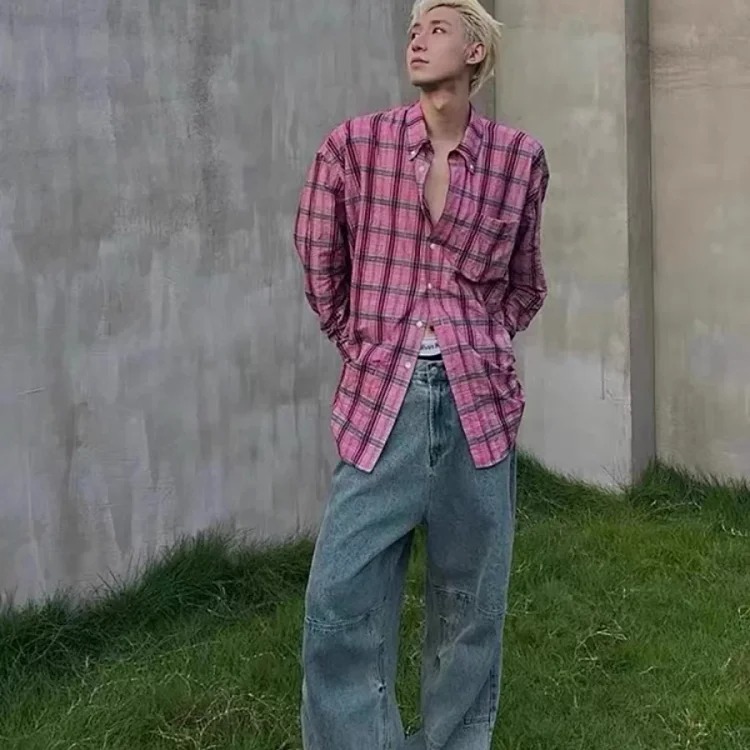 In stock OurLegacy pink plaid lazy style shirt pleated casual loose versatile shirt Quan Shunrong same style free shipping