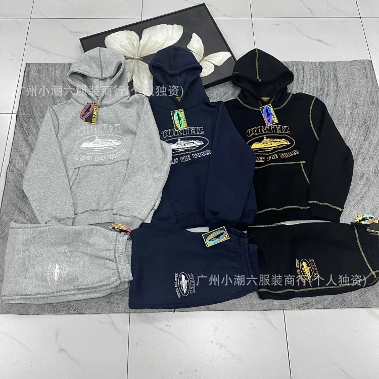 Corteiz Alcatraz retro print beauty high street loose cardigan hooded sweatshirt casual trousers suit for men