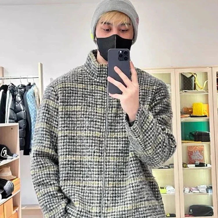 OurLegacy high collar wool blend plaid retro zipper cardigan knitted trendy slim coat for men and women