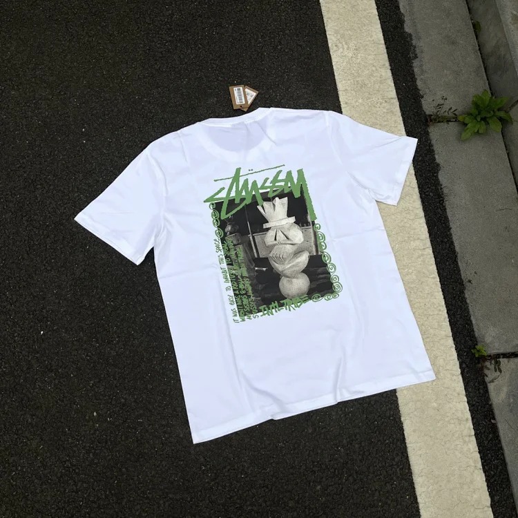 Original manufacturing STUSSY TEE new artwork statue printed men's and women's short-sleeved T-shirt 23s 220g genuine barrel seamless fabric 100% cotton market ceiling quality accessories st