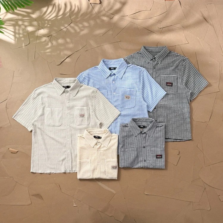 Original production Stussy label logo pleated plaid short-sleeved shirt, - - custom dyed woven pleated plaid fabric - light and thin fabric, breathability, comfort and functionality are all