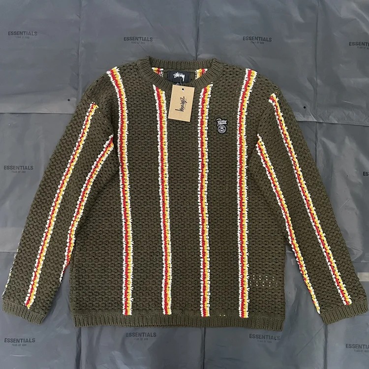 Stussy x Patta joint SS24 logo patch striped loose crew neck sweater, , olive green, hollow knitted design, upper body with high-end feel, full appearance, supports authentication, size S M