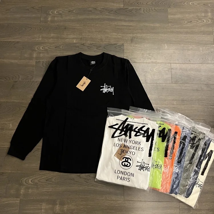 Original production 25SS Stussy Classic Cursive Series Logo Print Couple Round Neck Long S