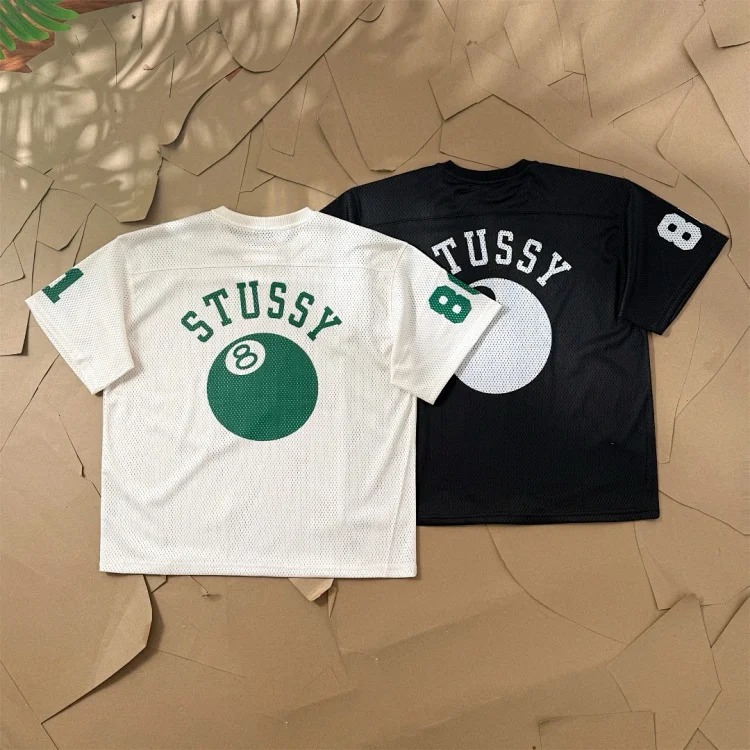 Original production of Stussy Summer Sports Black Eight-Ball Series Mesh Printed Round Neck Pullover Short-Sleeved T-shirt Same as for Men and Women - Loose Fit - Same as for Men and Women