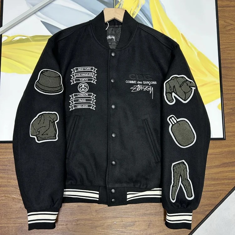 Original production Stussy FW20 Black 8-Ball Series 40th Anniversary Limited Edition Black 8-stitched Leather Sleeve Thin Baseball Jacket