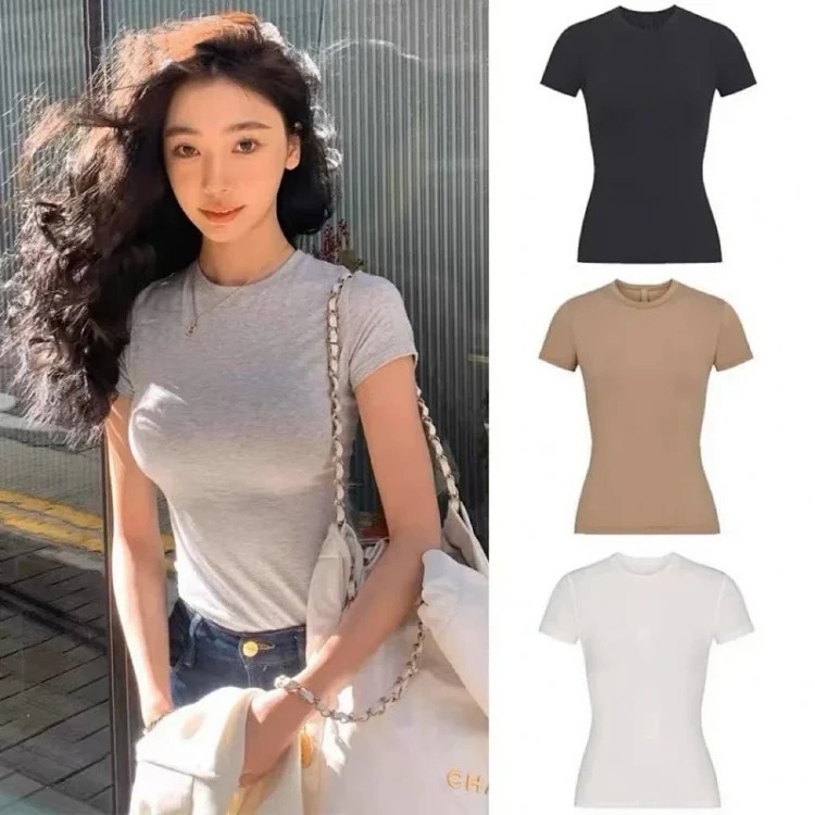 T-shirt short-sleeved, same style for women, round neck, tight-fitting, Xiangxiu, same style, elastic base, Meng Ling card, right shoulder, easy SK