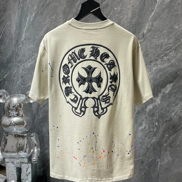 Cross horseshoe patchwork leather and ruffled short-sleeved T-shirt