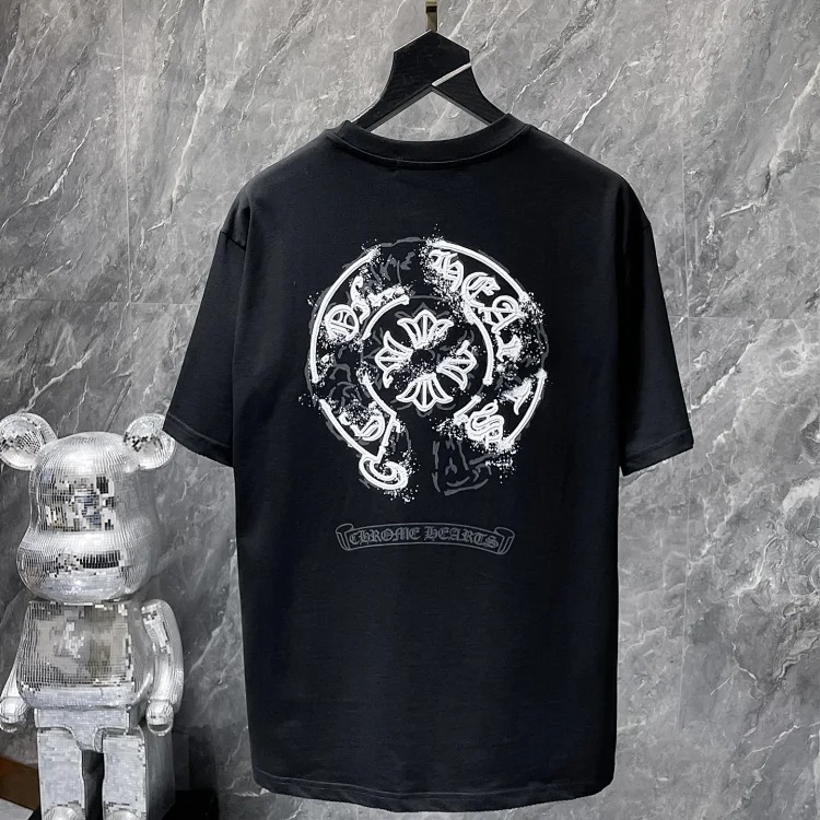 Cross horseshoe patchwork leather and ruffled short-sleeved T-shirt