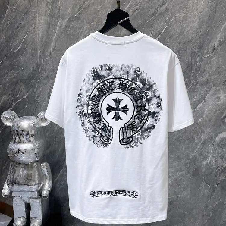 Cross horseshoe patchwork leather and ruffled short-sleeved T-shirt