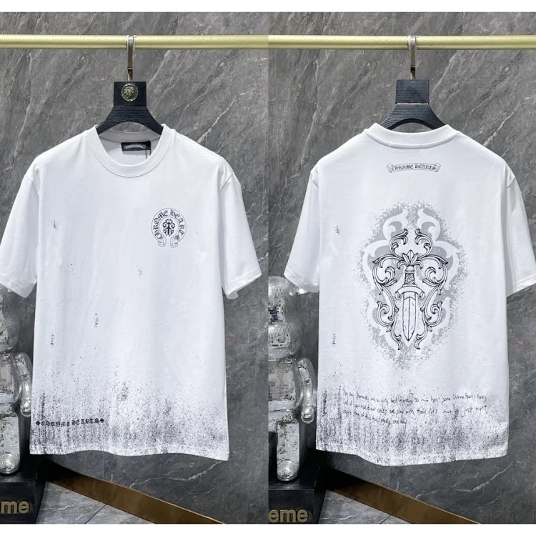 Cross horseshoe patchwork leather and ruffled short-sleeved T-shirt
